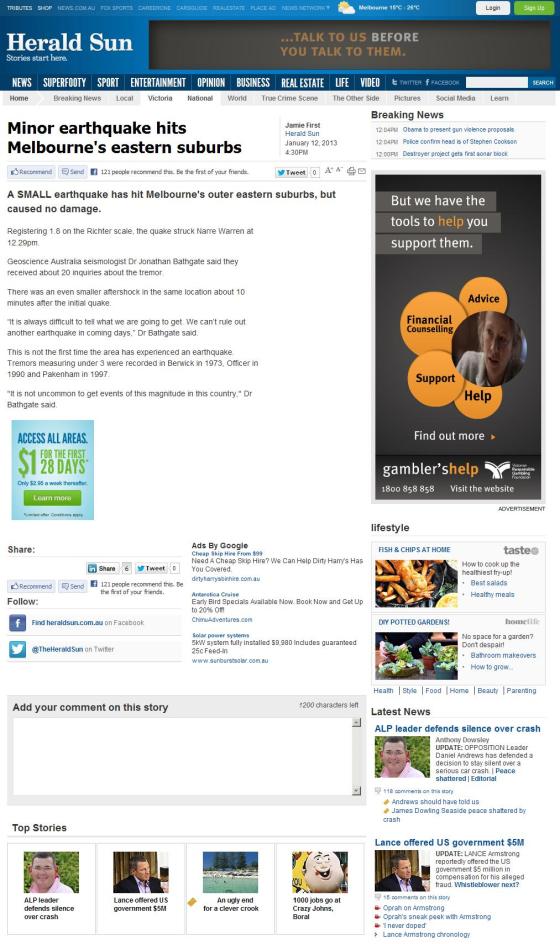 Herald Sun - Earthquake Article (Online)